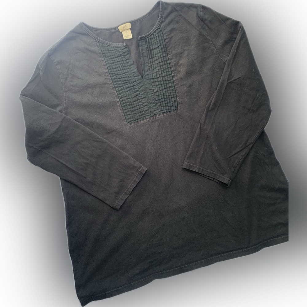 J JILL tunic shirt pintuck V-Neck black cotton, relaxed fit Ladies,  Size XL